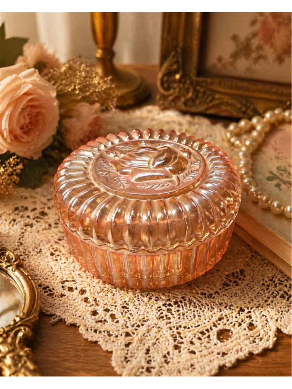 Vintage Carnival Glass Rose Covered Candy Dish Marigold Iridescent Trinket Box C